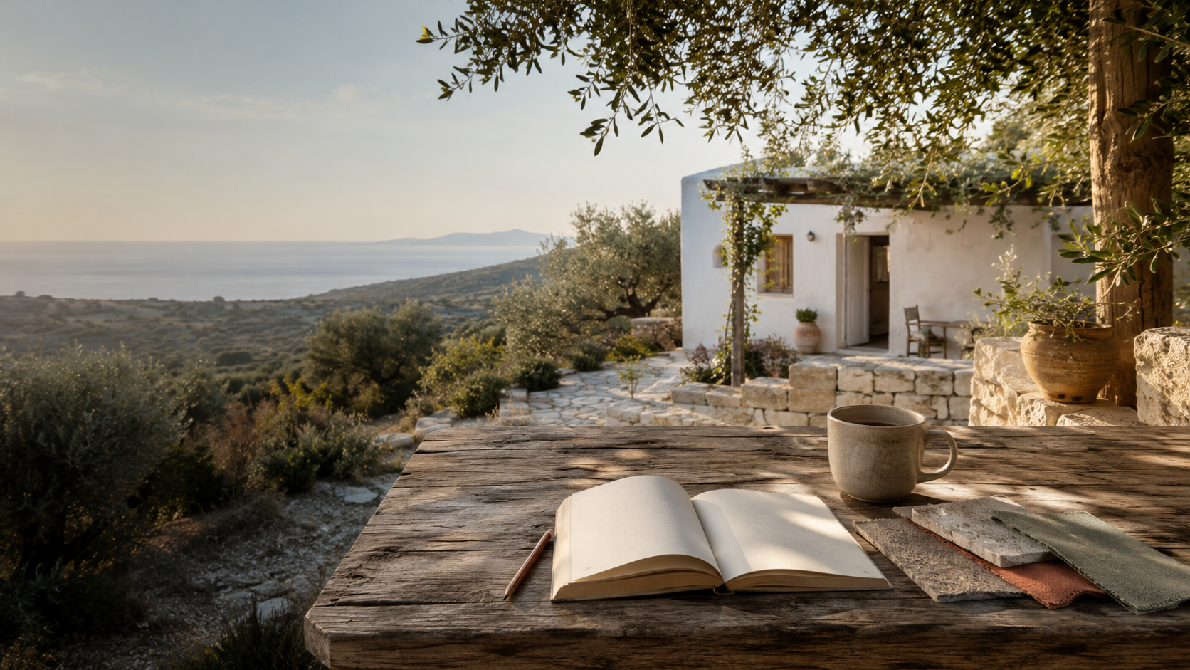 An open notebook and materials on a wooden table overlooking a Mediterranean stay